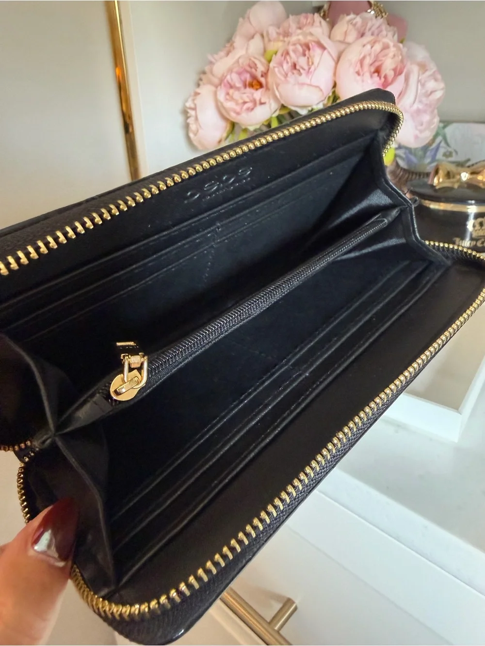 Bebe Black Patent Zip-Around Wallet with Gold Logo Plate NEW Gorgeous